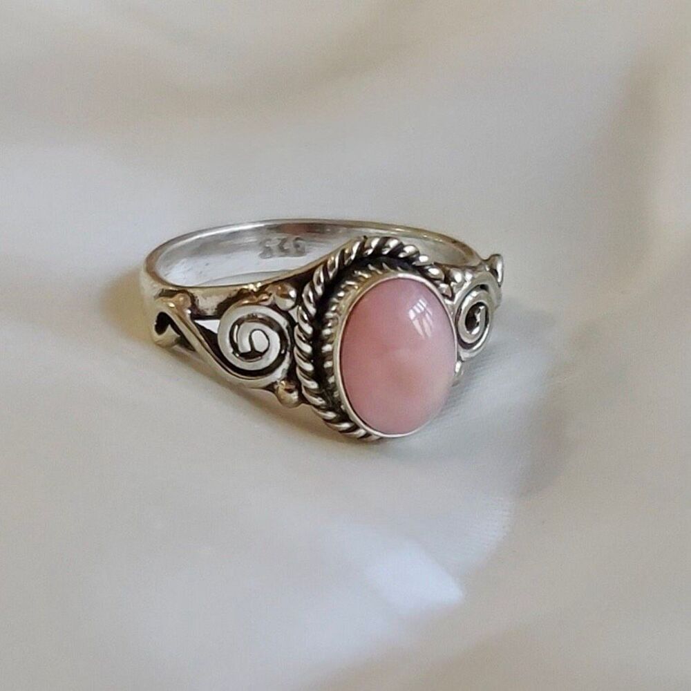 Western Pink Opal Oval Solitaire Swirl Accent Dainty Silver Ring Size 6 New - Picture 2 of 6
